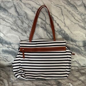 DSW Black and White Striped Tote with Tan Handles